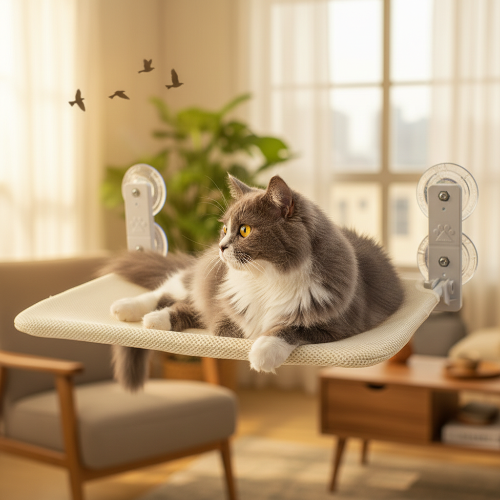 Fluffy grey cat lounging on a suction cup window hammock in warm golden afternoon sunlight
